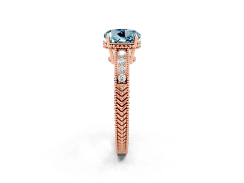 Rose gold Round Cut Aquamarine Ring with Milgrain Pavé Band and Four-Prong Setting_14