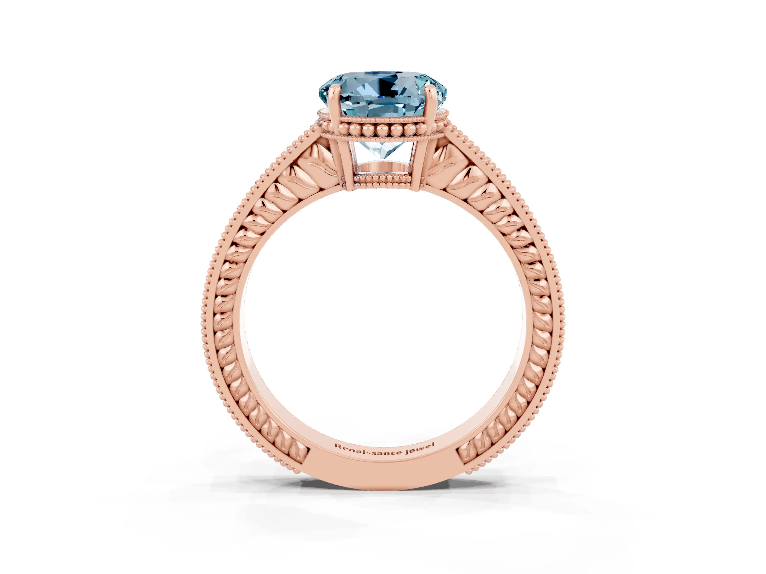 Rose gold Round Cut Aquamarine Ring with Milgrain Pavé Band and Four-Prong Setting_15