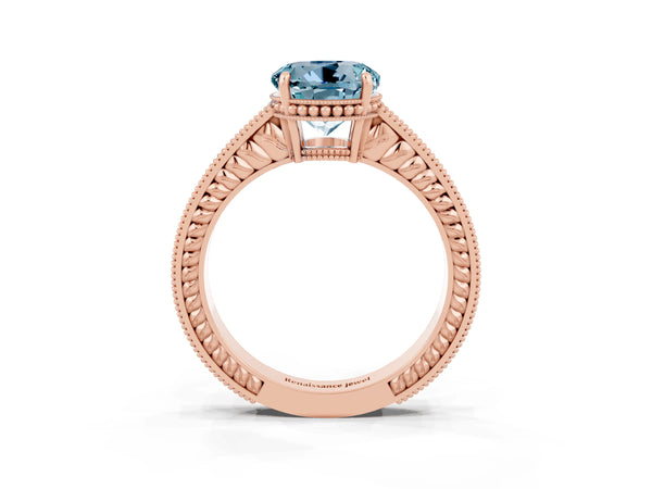 Rose gold Round Cut Aquamarine Ring with Milgrain Pavé Band and Four-Prong Setting