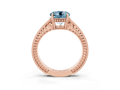Rose gold Round Cut Aquamarine Ring with Milgrain Pavé Band and Four-Prong Setting_15