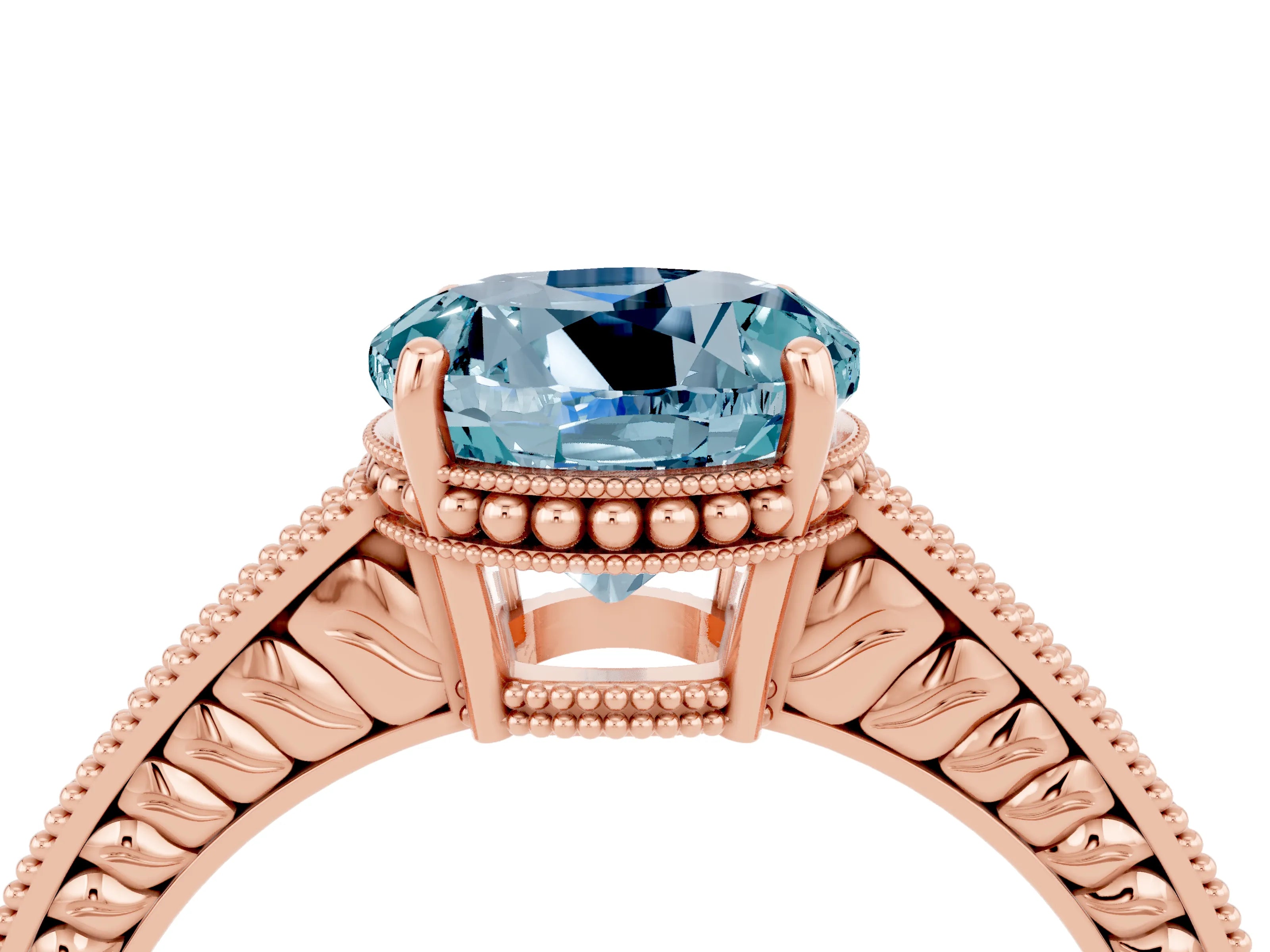Rose gold Round Cut Aquamarine Ring with Milgrain Pavé Band and Four-Prong Setting_16