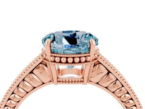Rose gold Round Cut Aquamarine Ring with Milgrain Pavé Band and Four-Prong Setting_16