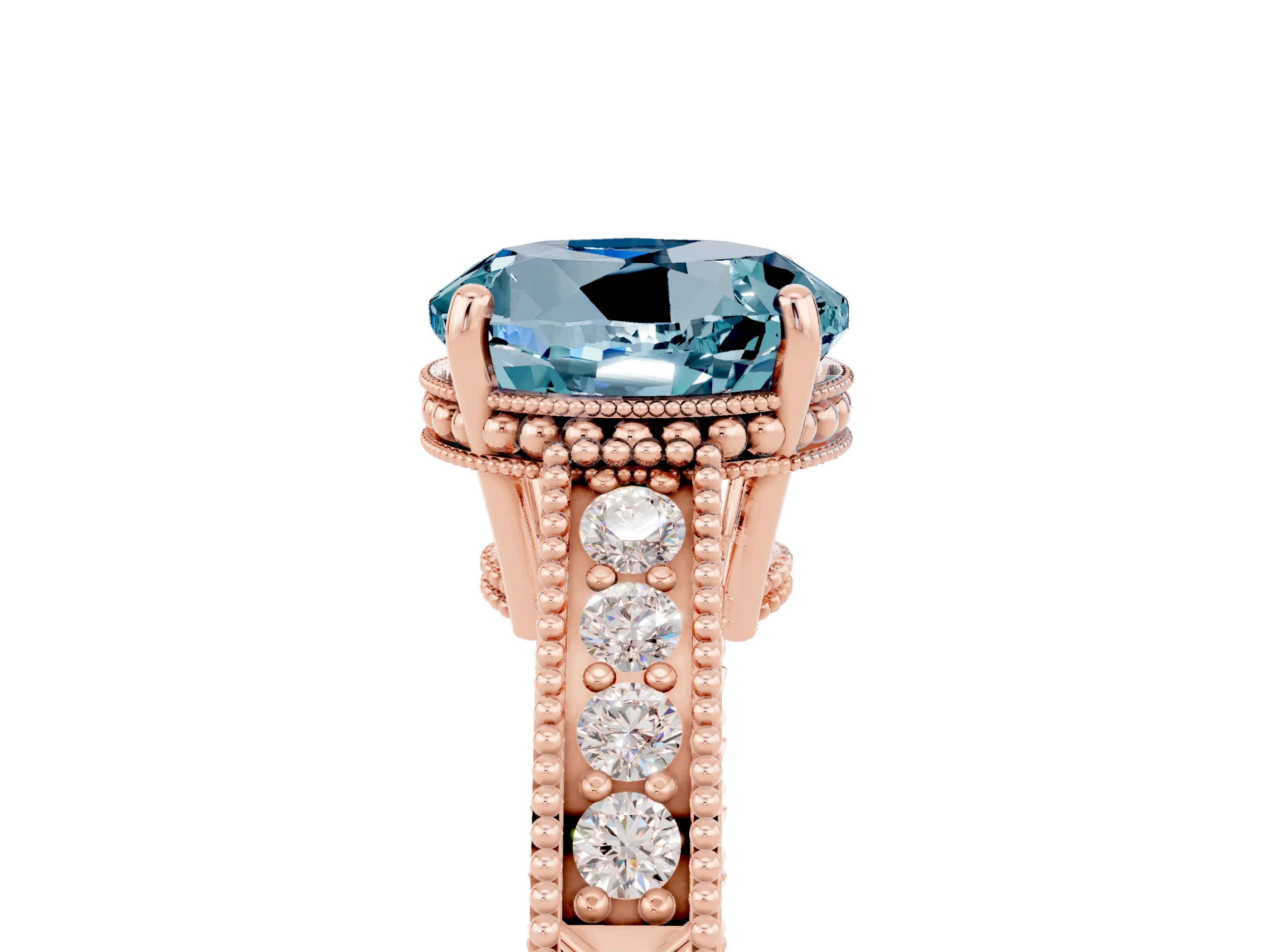 Rose gold Round Cut Aquamarine Ring with Milgrain Pavé Band and Four-Prong Setting_17