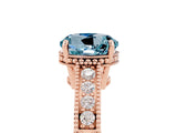 Rose gold Round Cut Aquamarine Ring with Milgrain Pavé Band and Four-Prong Setting_17