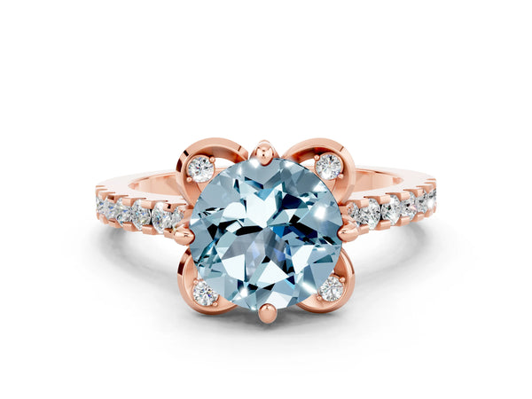 Rose gold Round Cut Aquamarine Ring with Pavé Band and Floral Prong Setting