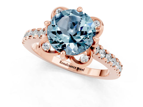 Rose gold Round Cut Aquamarine Ring with Pavé Band and Floral Prong Setting_1
