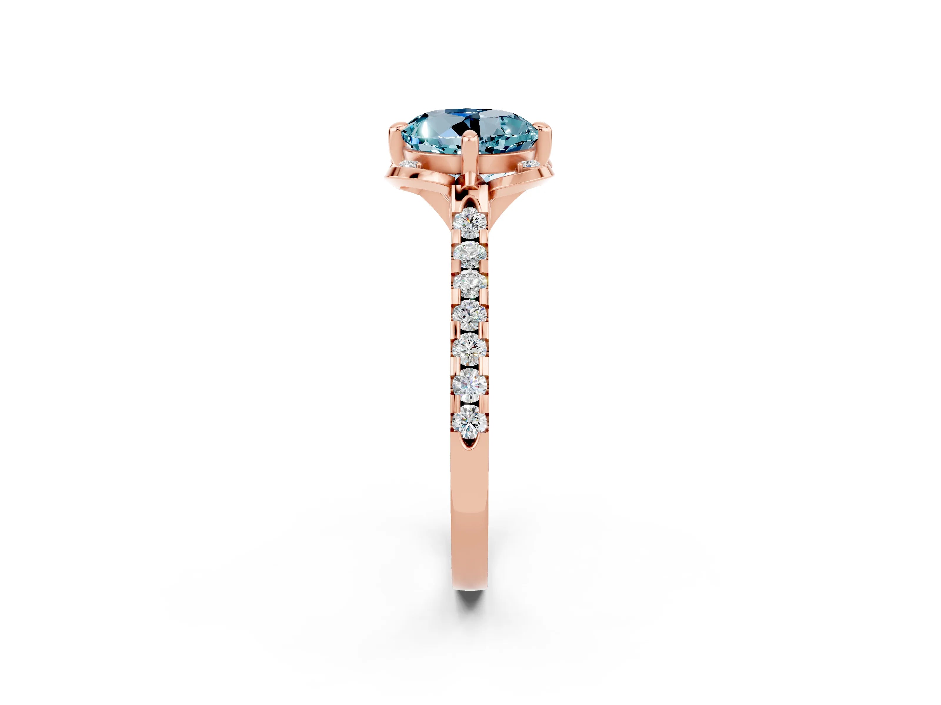 Rose gold Round Cut Aquamarine Ring with Pavé Band and Floral Prong Setting_2