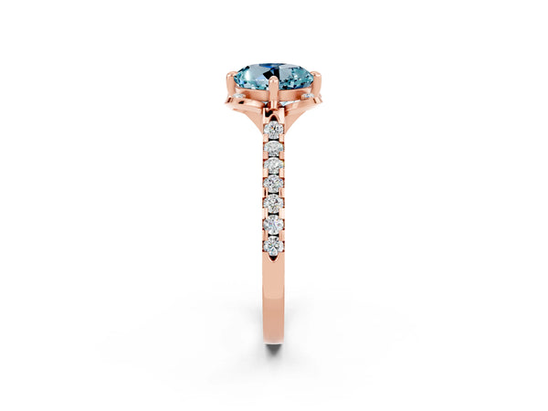 Rose gold Round Cut Aquamarine Ring with Pavé Band and Floral Prong Setting