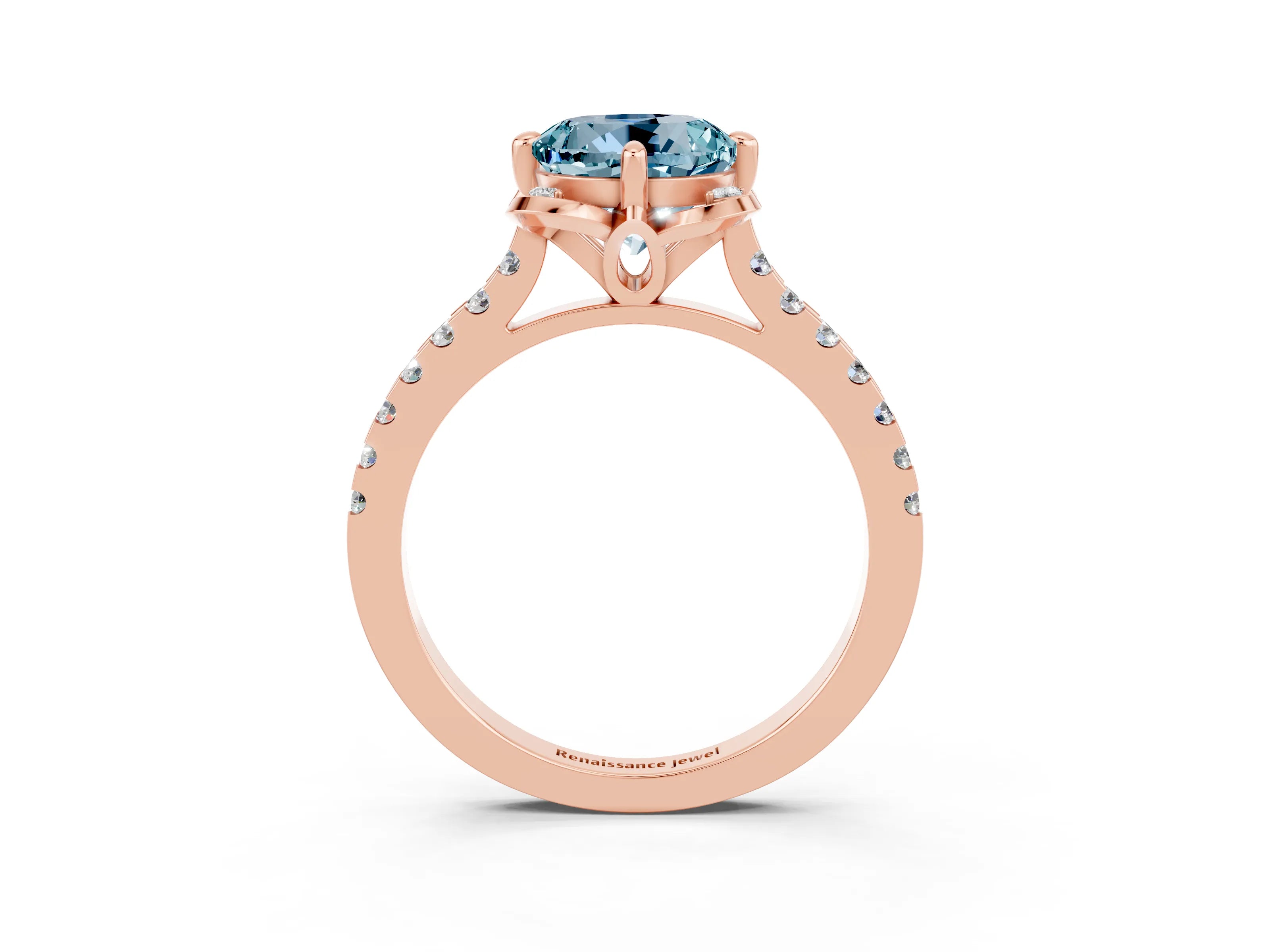 Rose gold Round Cut Aquamarine Ring with Pavé Band and Floral Prong Setting_3