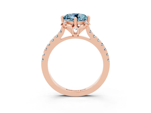 Rose gold Round Cut Aquamarine Ring with Pavé Band and Floral Prong Setting
