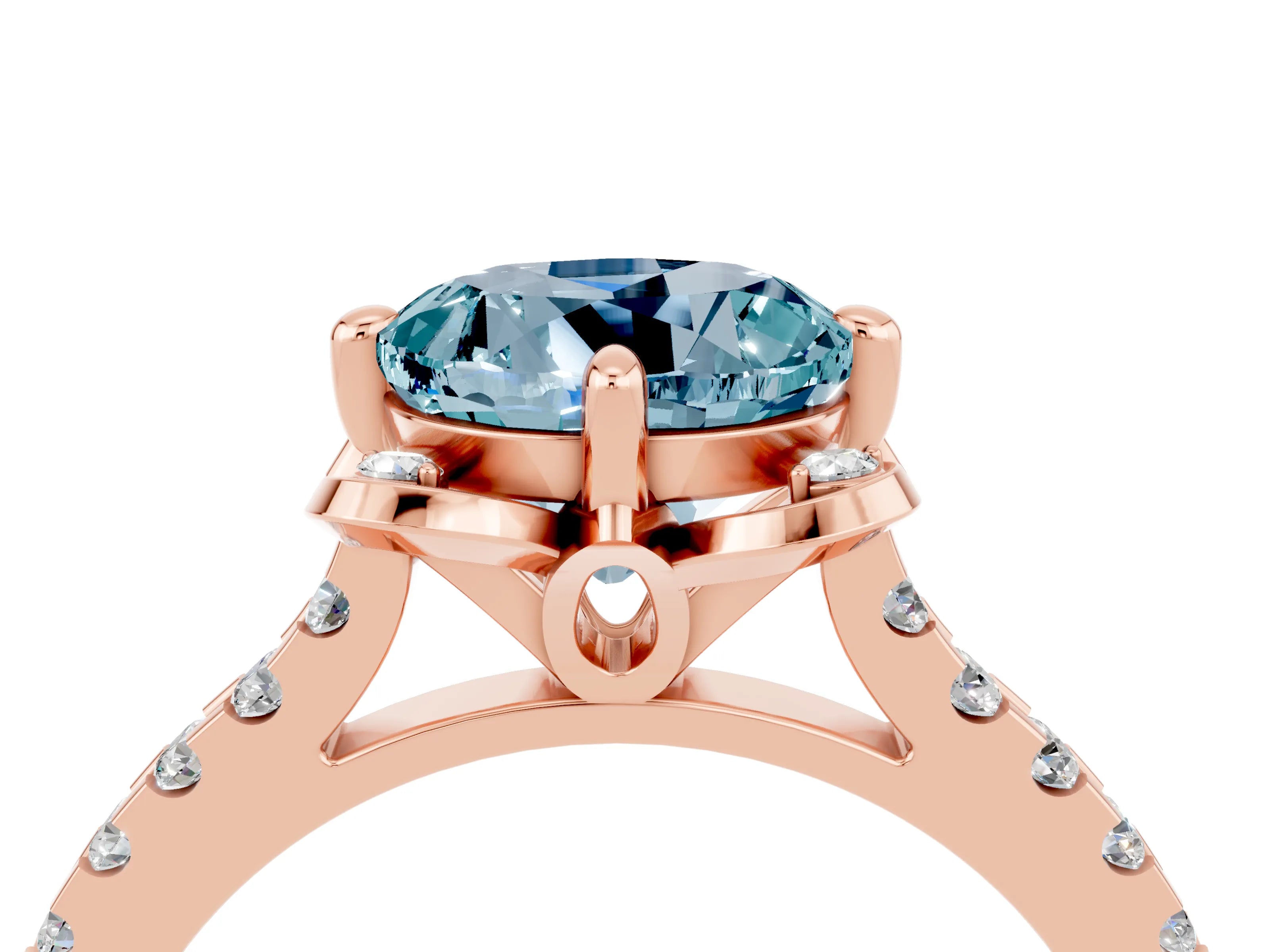 Rose gold Round Cut Aquamarine Ring with Pavé Band and Floral Prong Setting_4