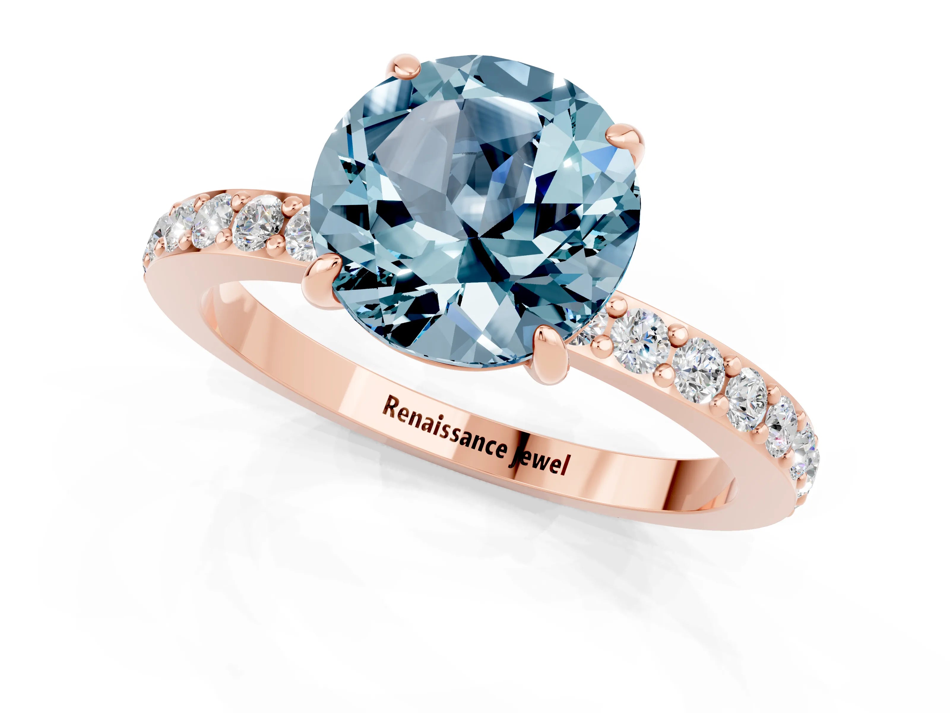 Rose gold Round Cut Aquamarine Ring with Pavé Band and Four-Prong Setting_1