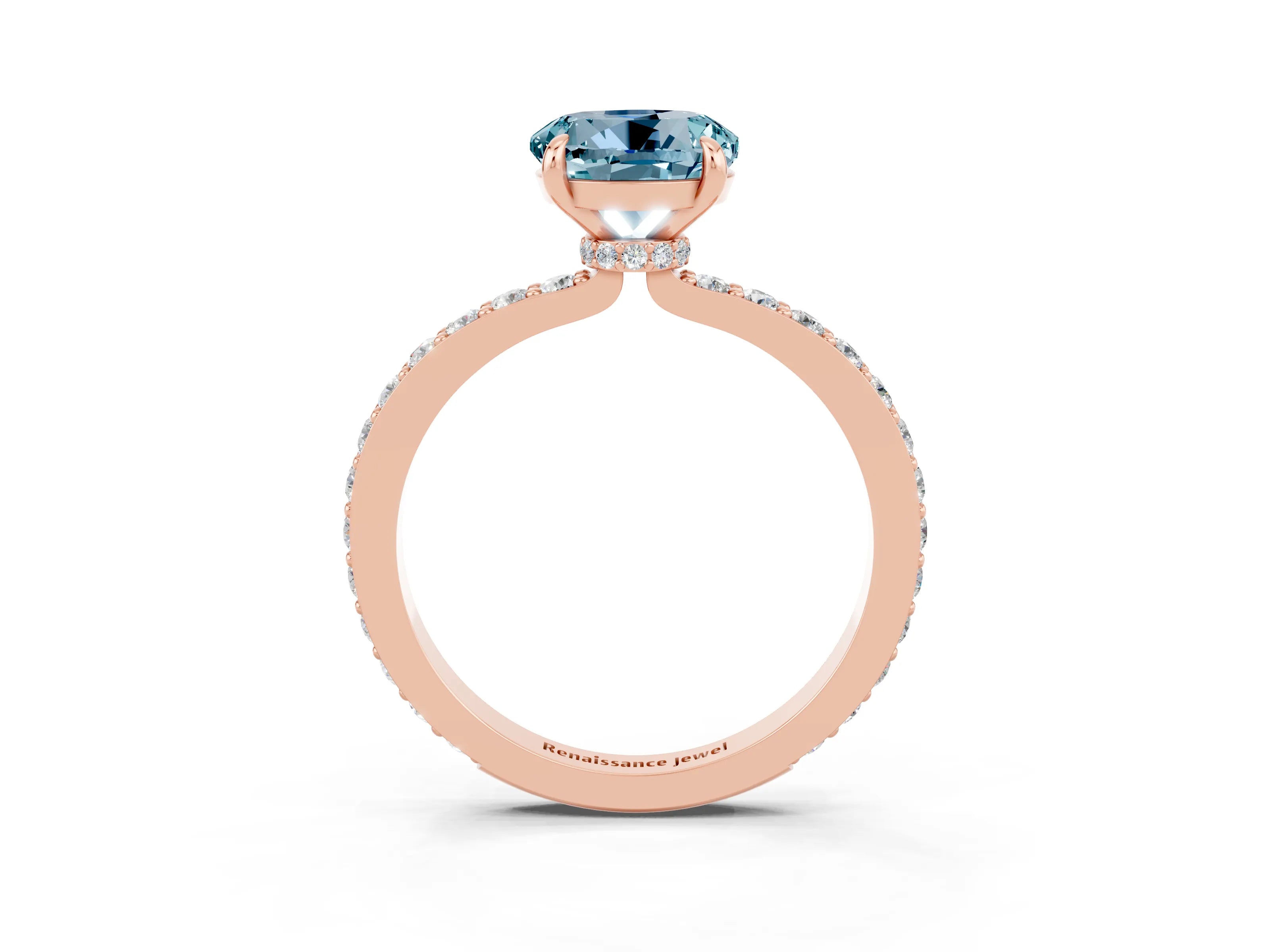 Rose gold Round Cut Aquamarine Ring with Pavé Band and Four-Prong Setting_3