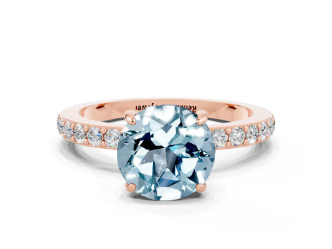 Rose gold Round Cut Aquamarine Ring with Pavé Band and Four-Prong Setting