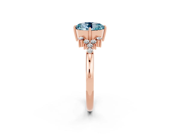 Rose gold Round Cut Aquamarine Ring with Side Stones and Four-Prong Setting