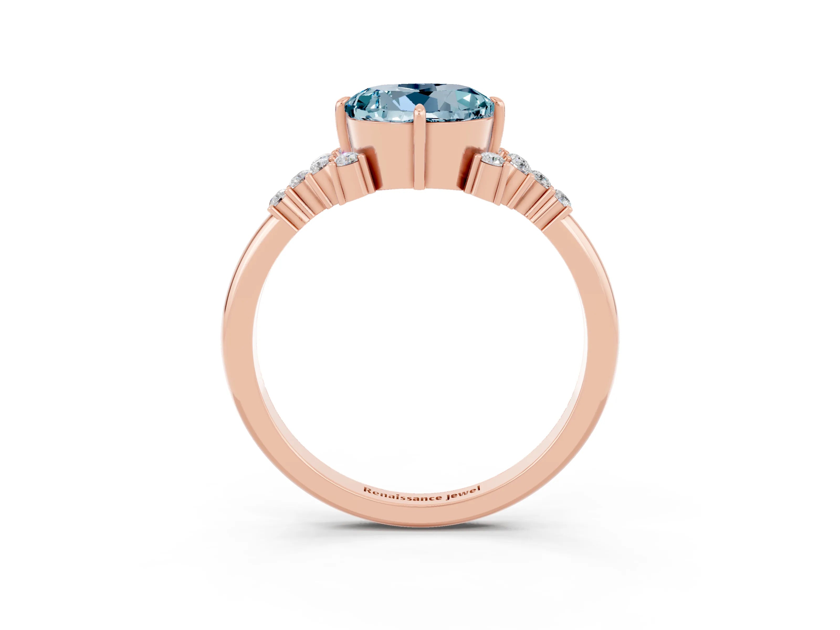 Rose gold Round Cut Aquamarine Ring with Side Stones and Four-Prong Setting_39