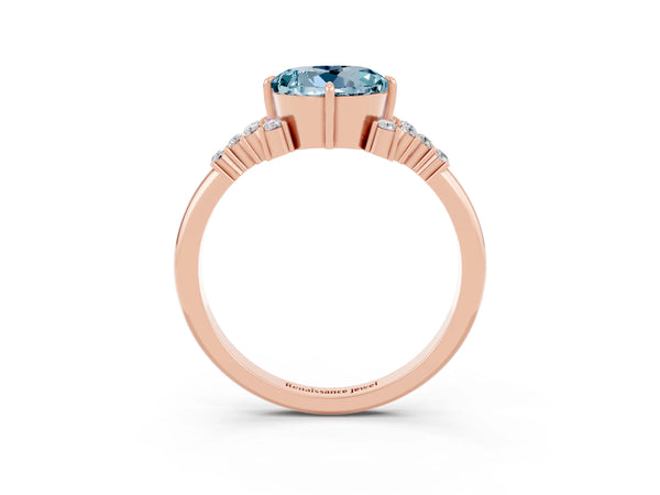 Rose gold Round Cut Aquamarine Ring with Side Stones and Four-Prong Setting