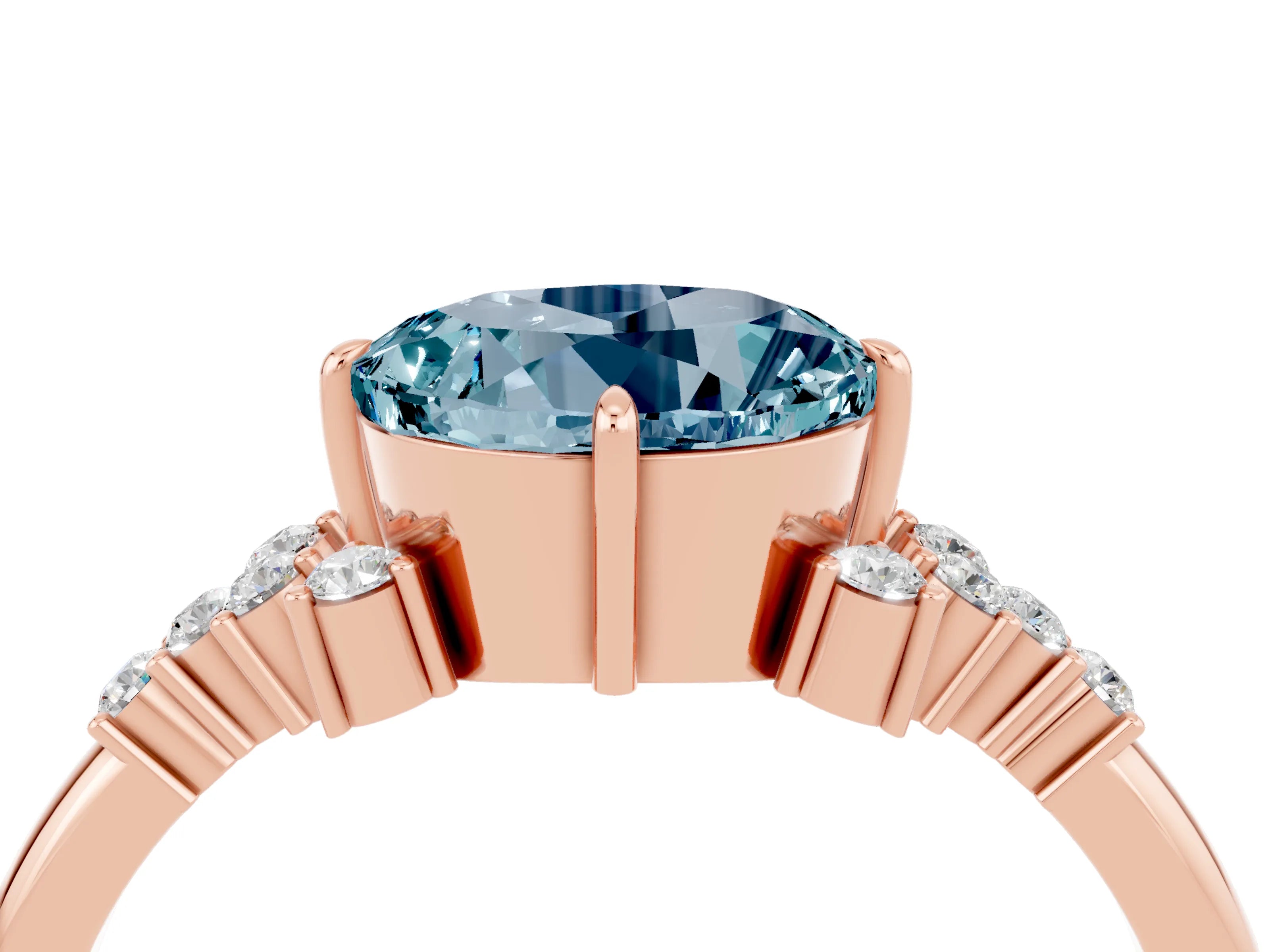 Rose gold Round Cut Aquamarine Ring with Side Stones and Four-Prong Setting_40