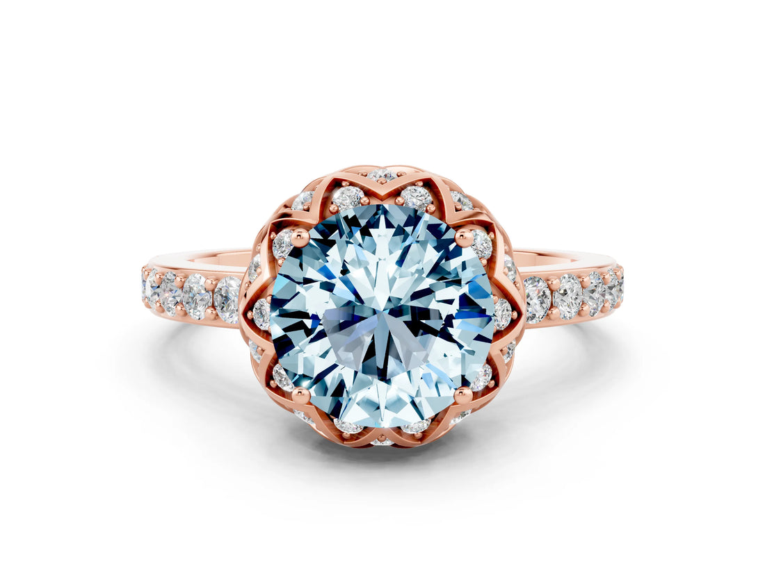 Rose gold Round Cut Aquamarine Scalloped Halo Engagement Ring with Round Shared Prong Band_24