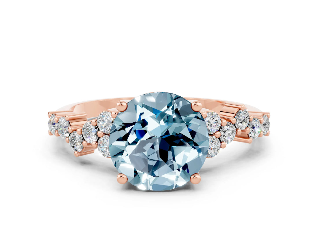 Rose gold Round Cut Aquamarine Scattered Round Accent Ring with Prong Setting_12