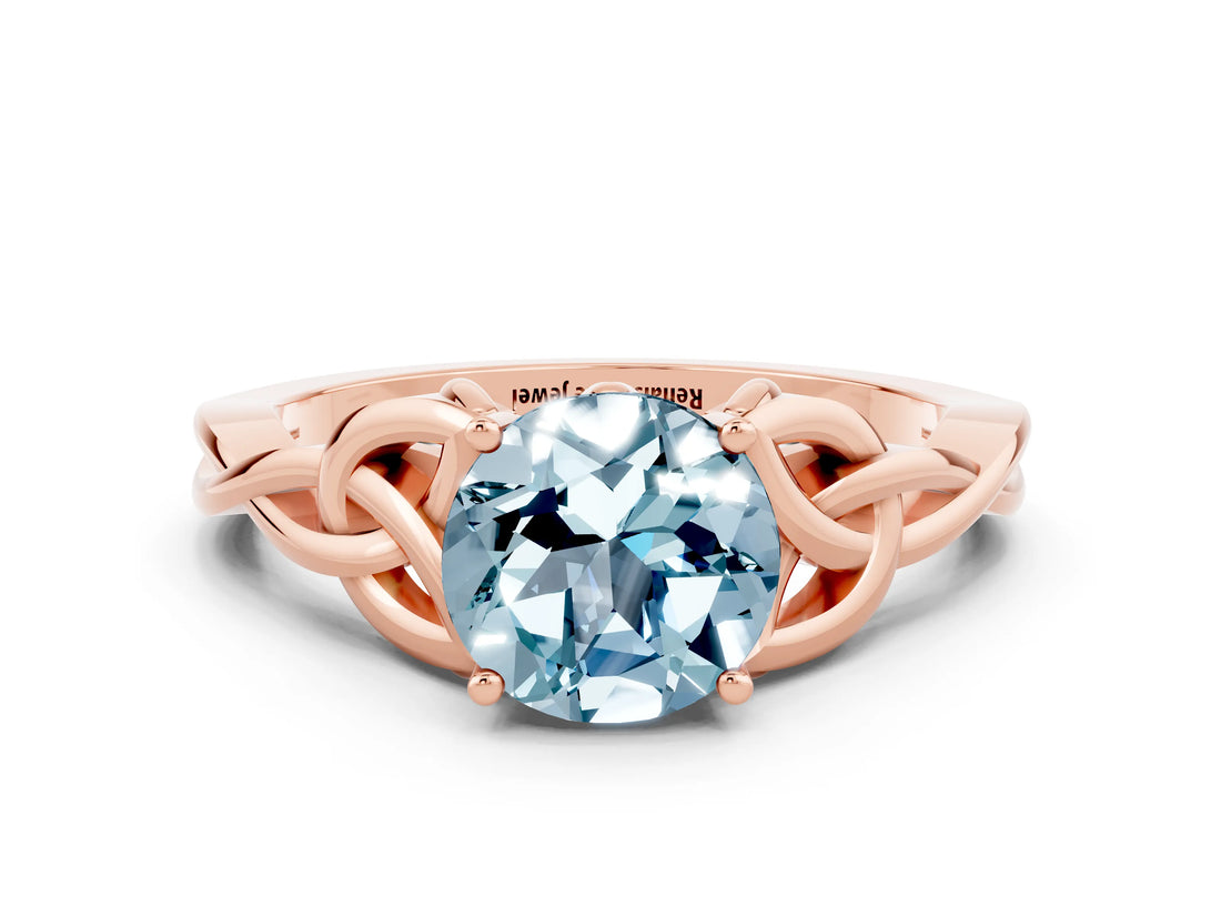 Rose gold Round Cut Aquamarine Solitaire Celtic Knot Ring with Four-Prong Setting_12