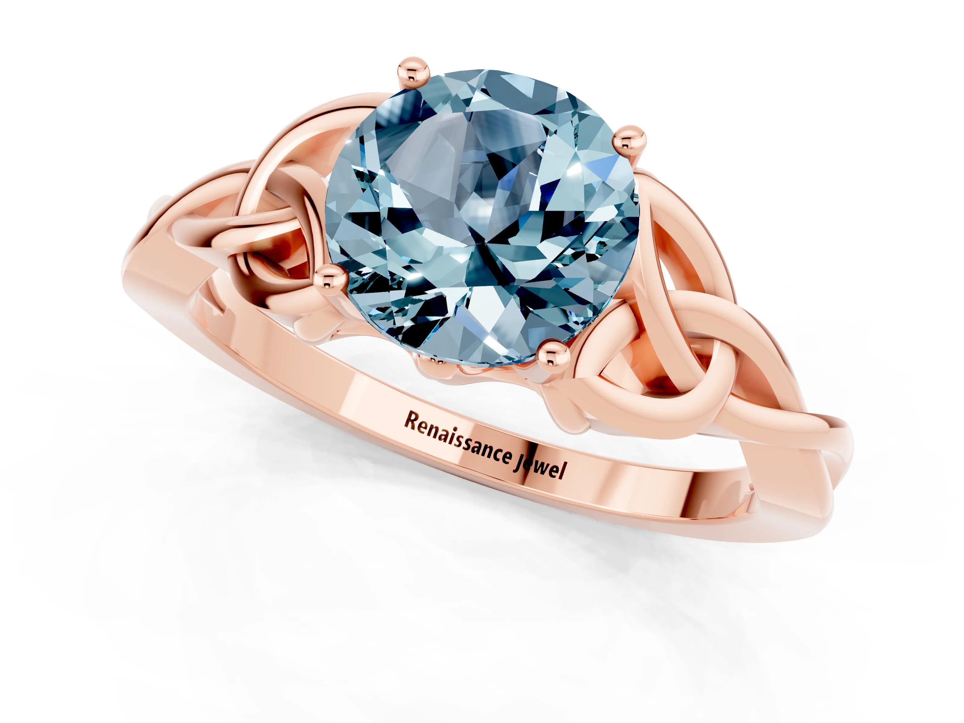Rose gold Round Cut Aquamarine Solitaire Celtic Knot Ring with Four-Prong Setting_13