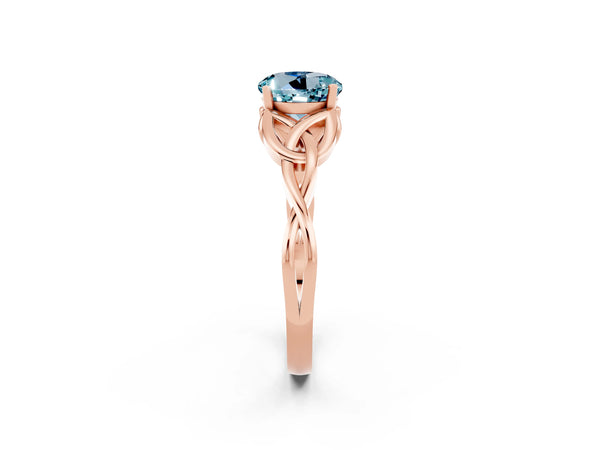 Rose gold Round Cut Aquamarine Solitaire Celtic Knot Ring with Four-Prong Setting