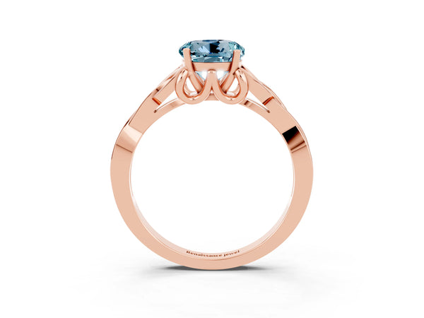 Rose gold Round Cut Aquamarine Solitaire Engagement Ring with Celtic Knot Band and Four-Prong Setting