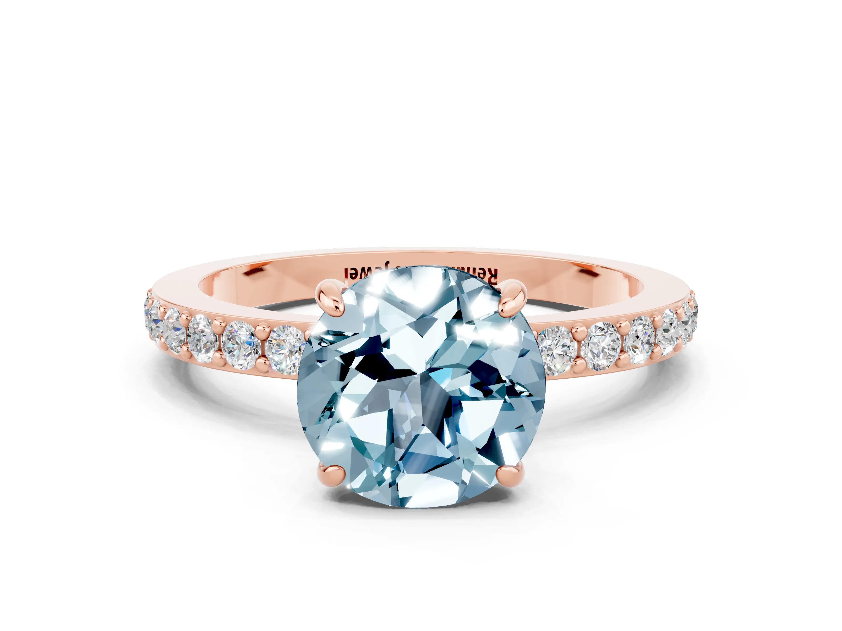 Rose gold Round Cut Aquamarine Solitaire Engagement Ring with Pavé Band and Four-Prong Setting