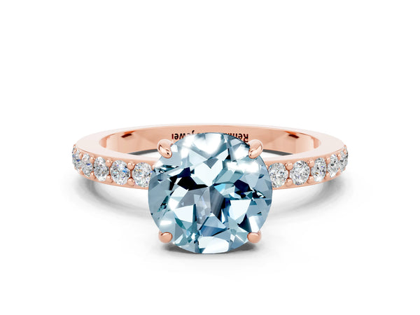 Rose gold Round Cut Aquamarine Solitaire Engagement Ring with Pavé Band and Four-Prong Setting
