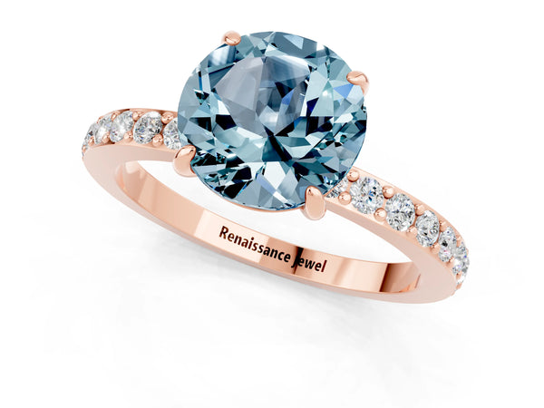 Rose gold Round Cut Aquamarine Solitaire Engagement Ring with Pavé Band and Four-Prong Setting