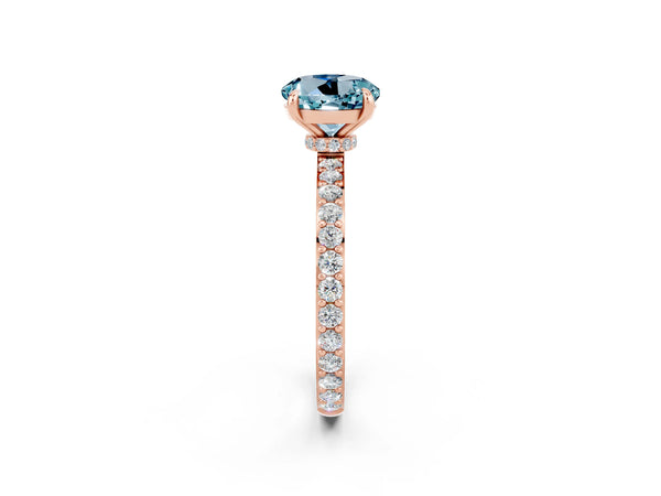 Rose gold Round Cut Aquamarine Solitaire Engagement Ring with Pavé Band and Four-Prong Setting