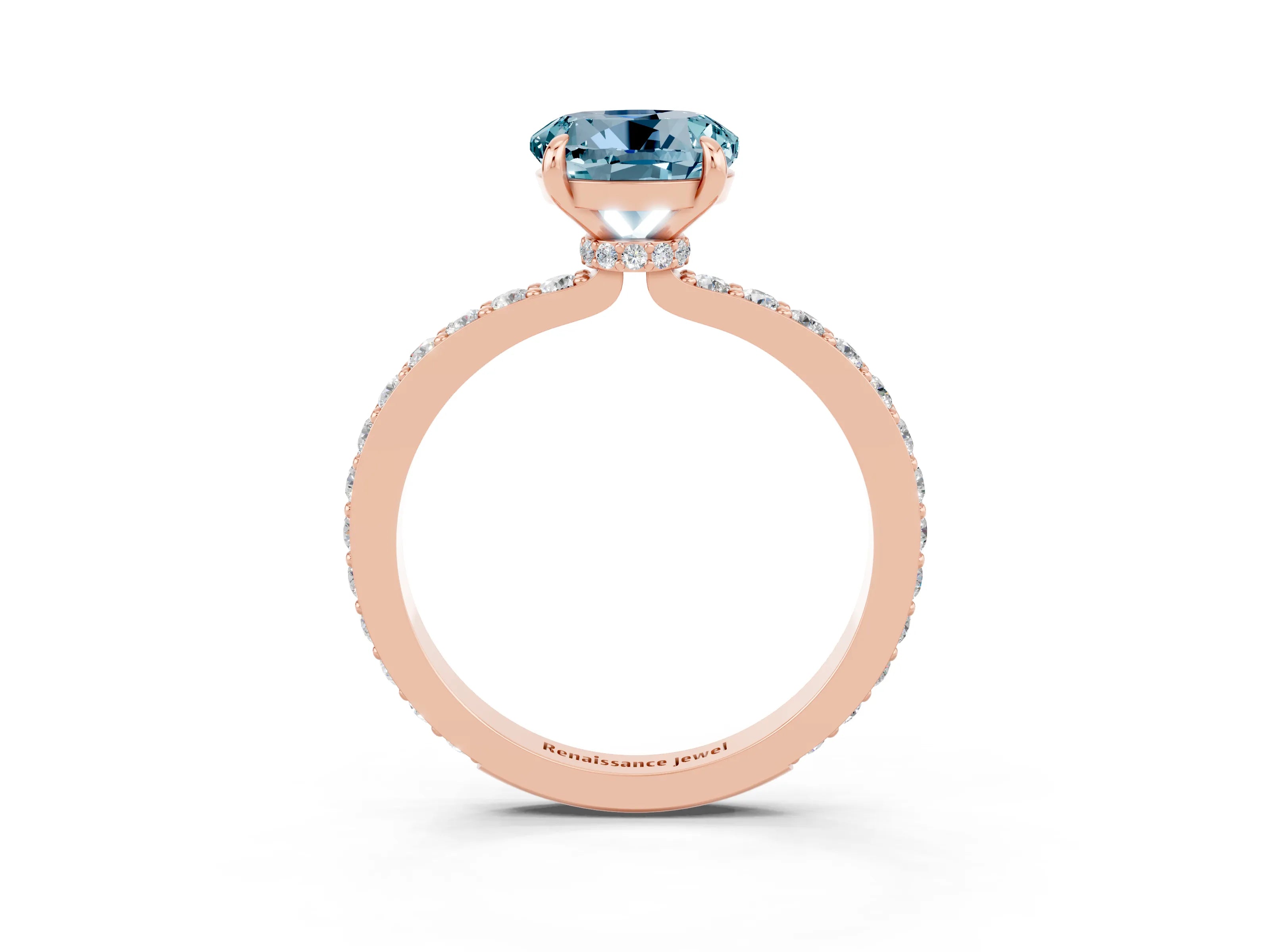 Rose gold Round Cut Aquamarine Solitaire Engagement Ring with Pavé Band and Four-Prong Setting_3