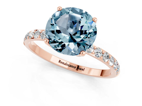 Rose gold Round Cut Aquamarine Solitaire Engagement Ring with Pavé Band and Prong Setting_1