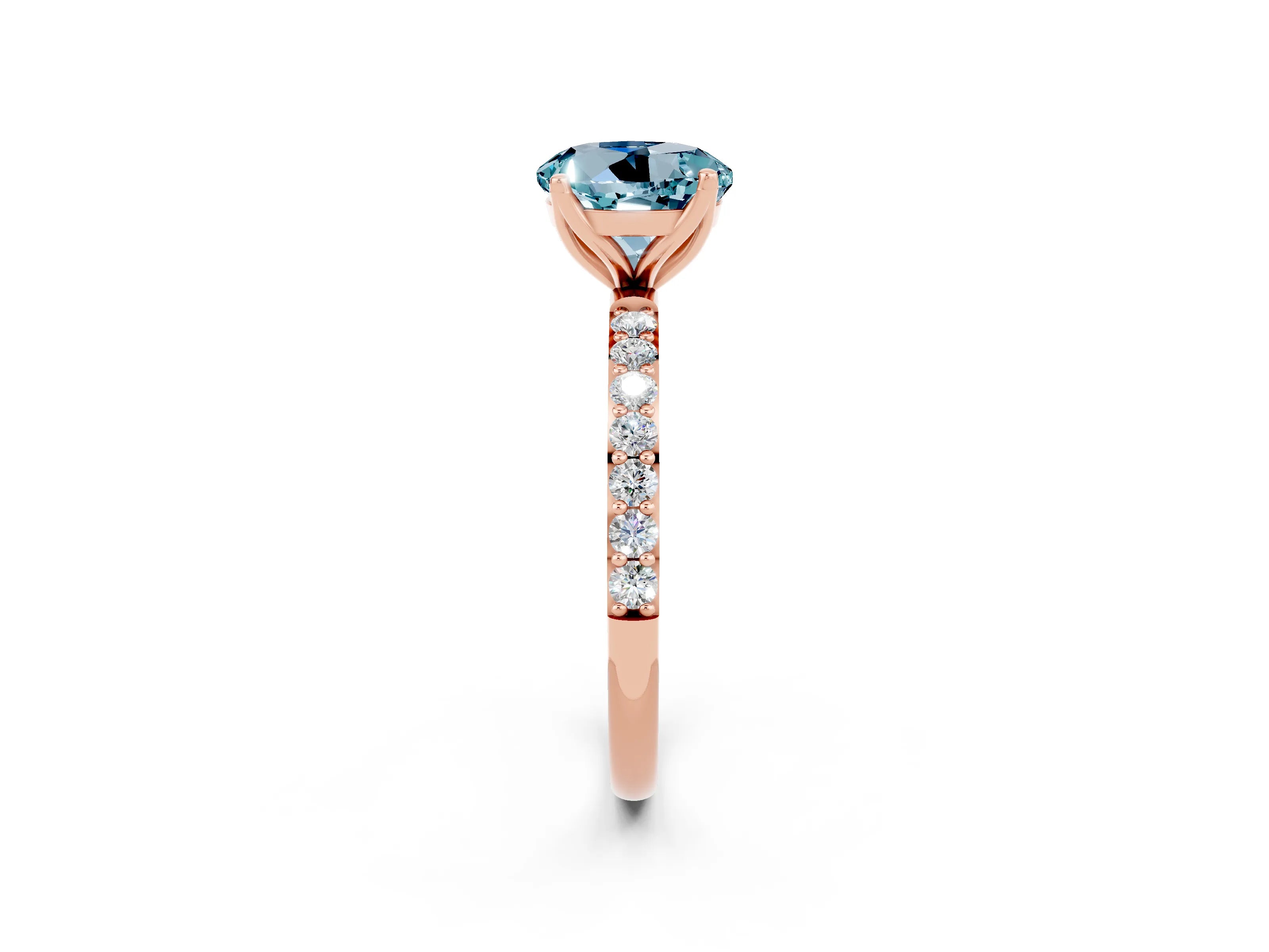 Rose gold Round Cut Aquamarine Solitaire Engagement Ring with Pavé Band and Prong Setting_2