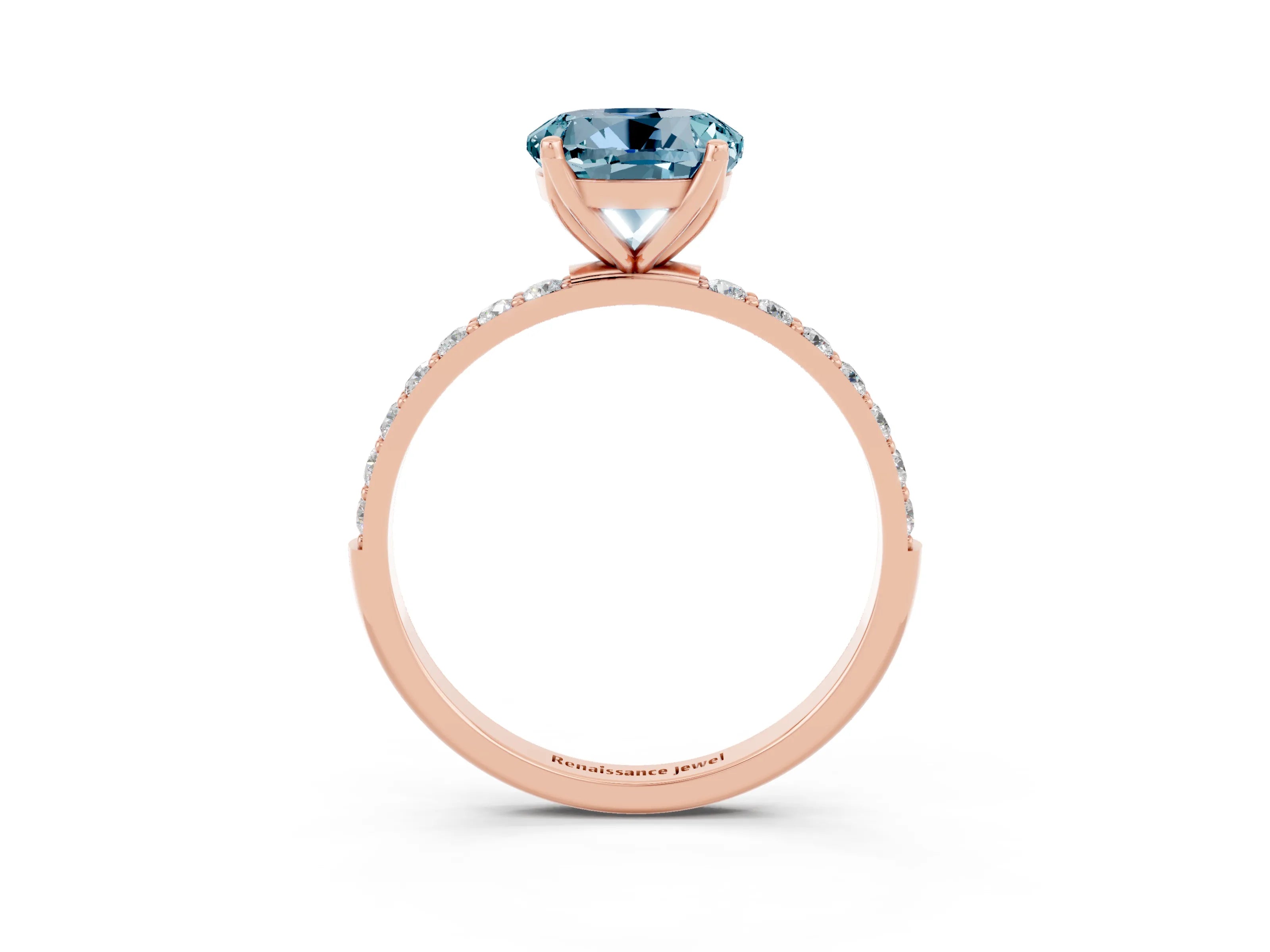 Rose gold Round Cut Aquamarine Solitaire Engagement Ring with Pavé Band and Prong Setting_3