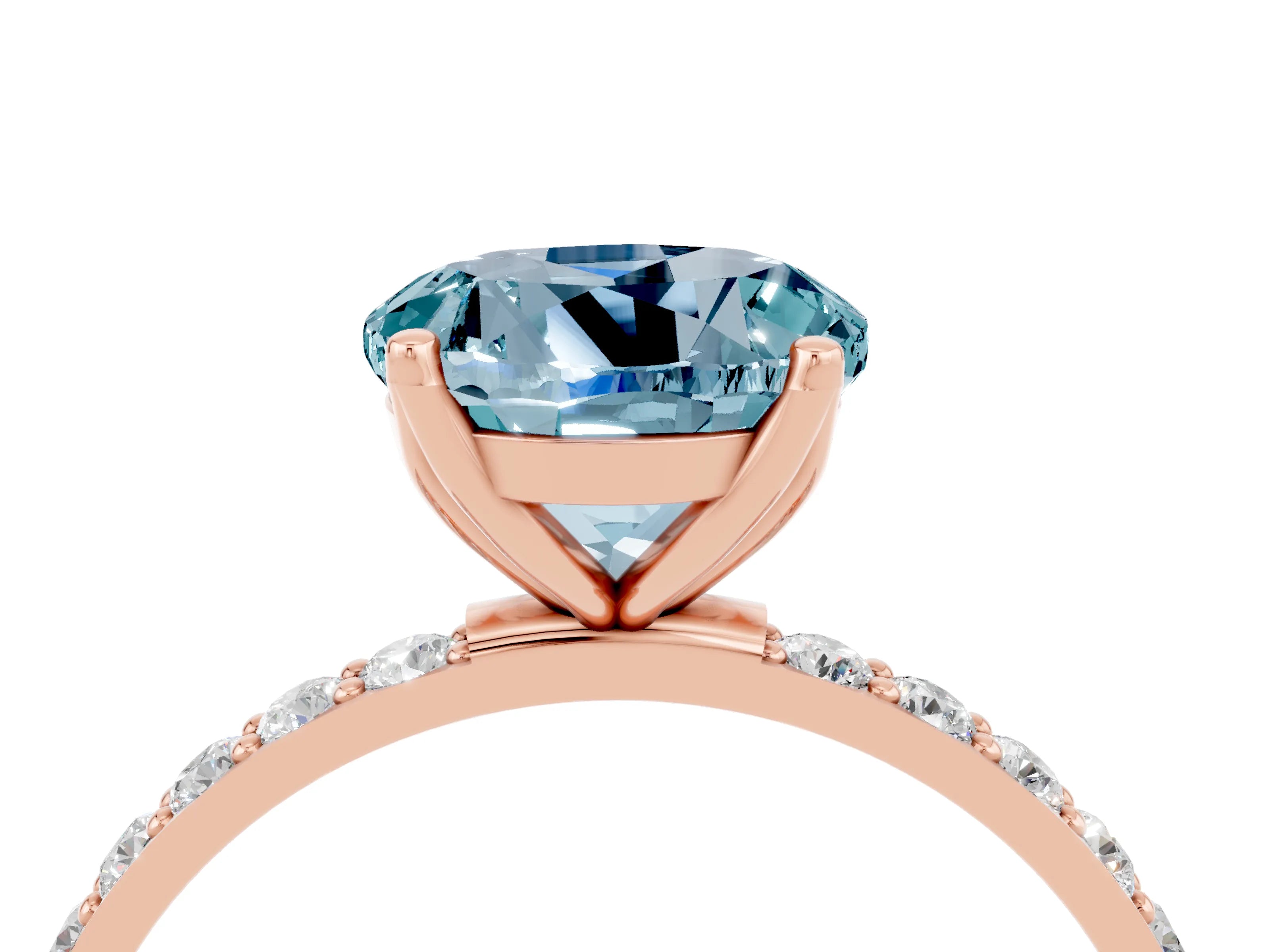 Rose gold Round Cut Aquamarine Solitaire Engagement Ring with Pavé Band and Prong Setting_4