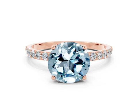 Rose gold Round Cut Aquamarine Solitaire Engagement Ring with Pavé Band and Prong Setting