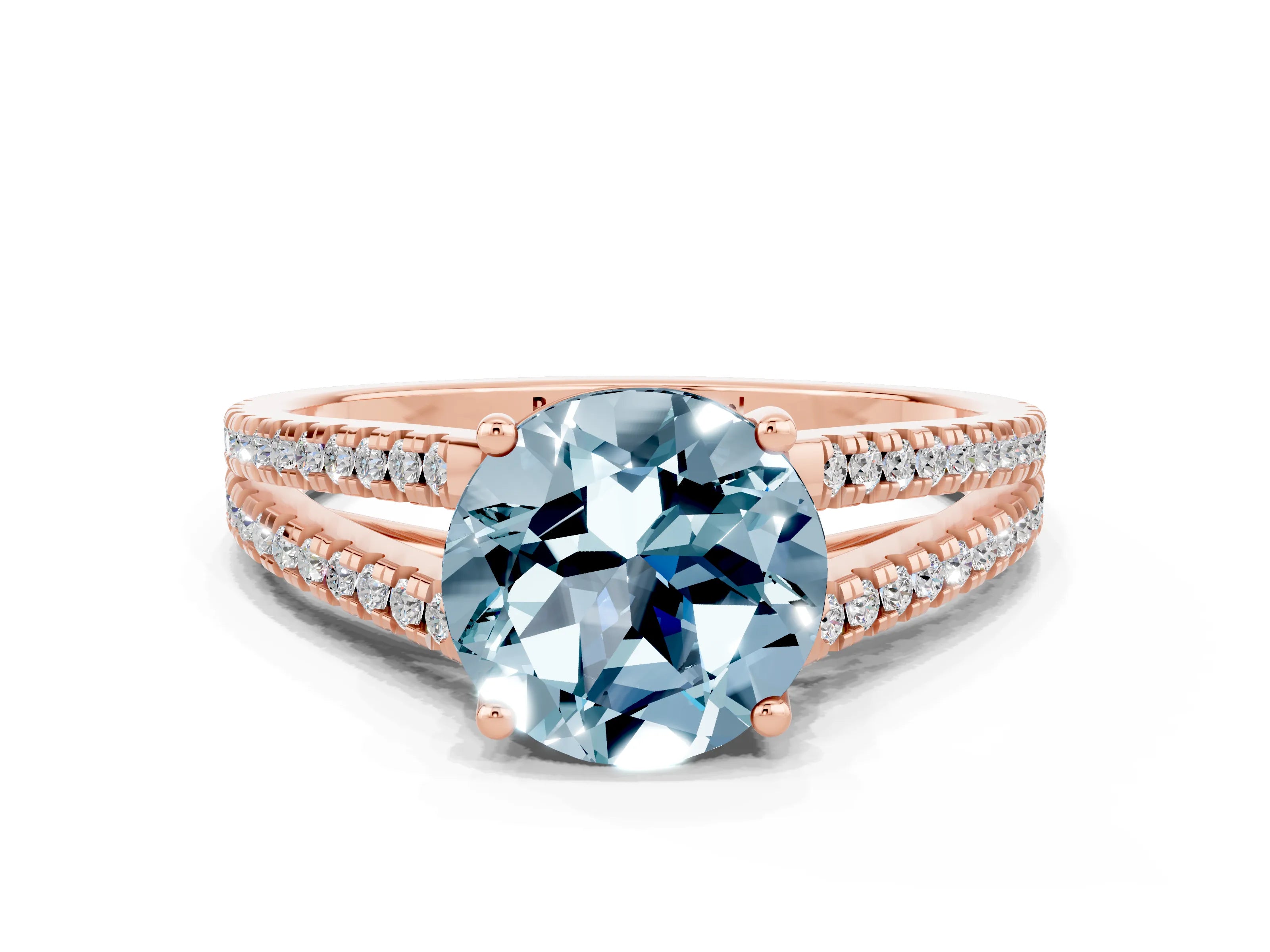 Rose gold Round Cut Aquamarine Solitaire Engagement Ring with Split Shank Pavé Band