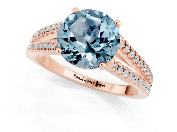 Rose gold Round Cut Aquamarine Solitaire Engagement Ring with Split Shank Pavé Band