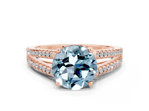 Rose gold Round Cut Aquamarine Solitaire Engagement Ring with Split Shank Pavé Band