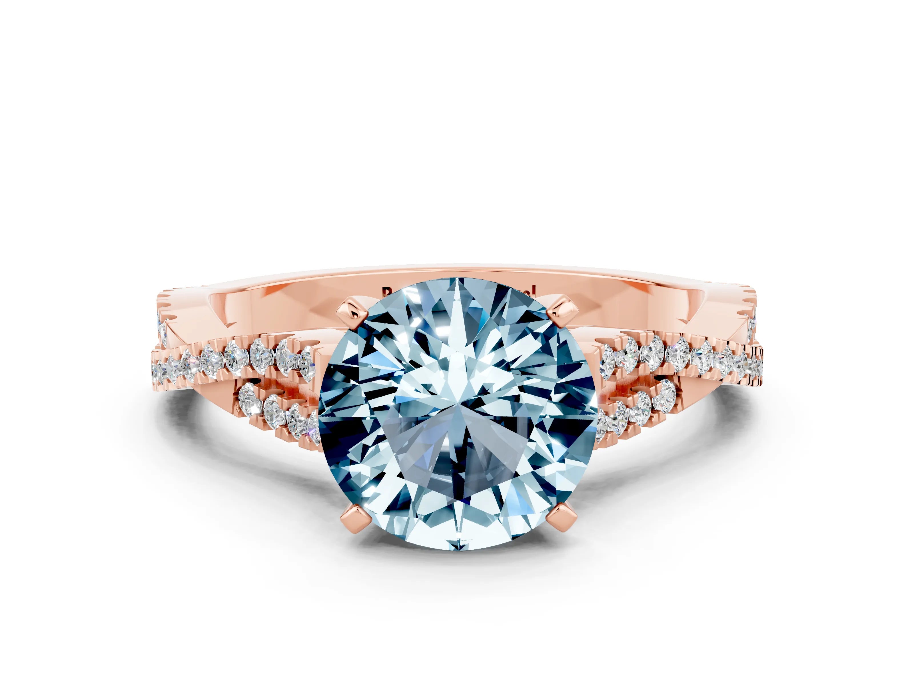 Rose gold Round Cut Aquamarine Solitaire Engagement Ring with Twisted Pavé Band and Four-Prong Setting_12