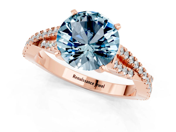 Rose gold Round Cut Aquamarine Solitaire Engagement Ring with Twisted Pavé Band and Four-Prong Setting