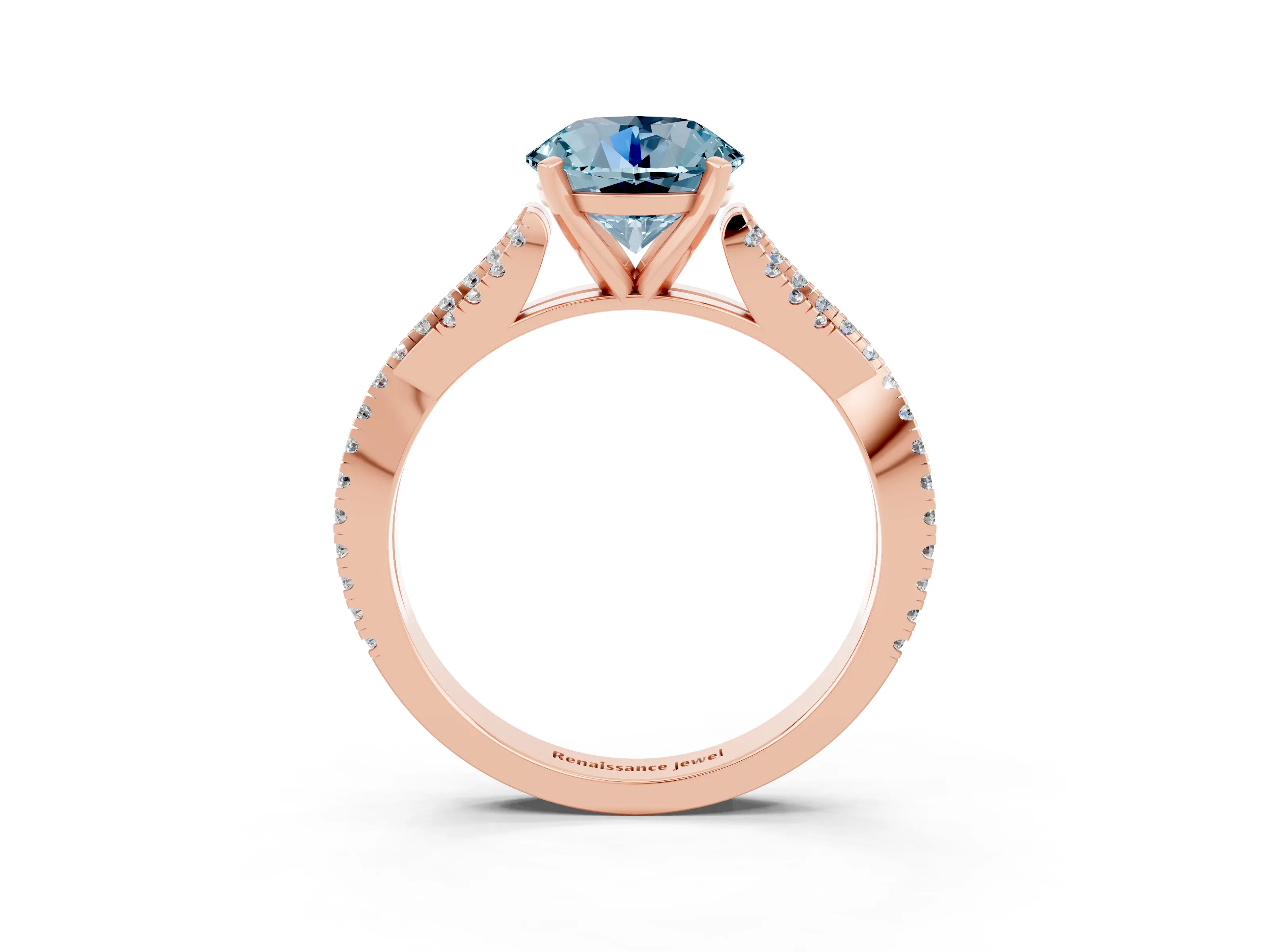 Rose gold Round Cut Aquamarine Solitaire Engagement Ring with Twisted Pavé Band and Four-Prong Setting_15