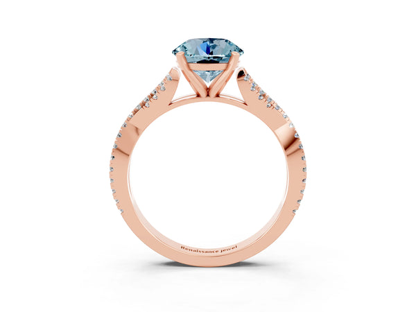 Rose gold Round Cut Aquamarine Solitaire Engagement Ring with Twisted Pavé Band and Four-Prong Setting