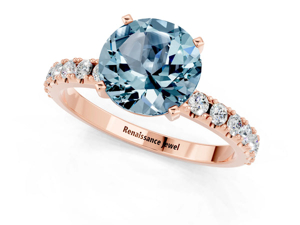 Rose gold Round Cut Aquamarine Solitaire Pavé Band with Four-Prong Setting