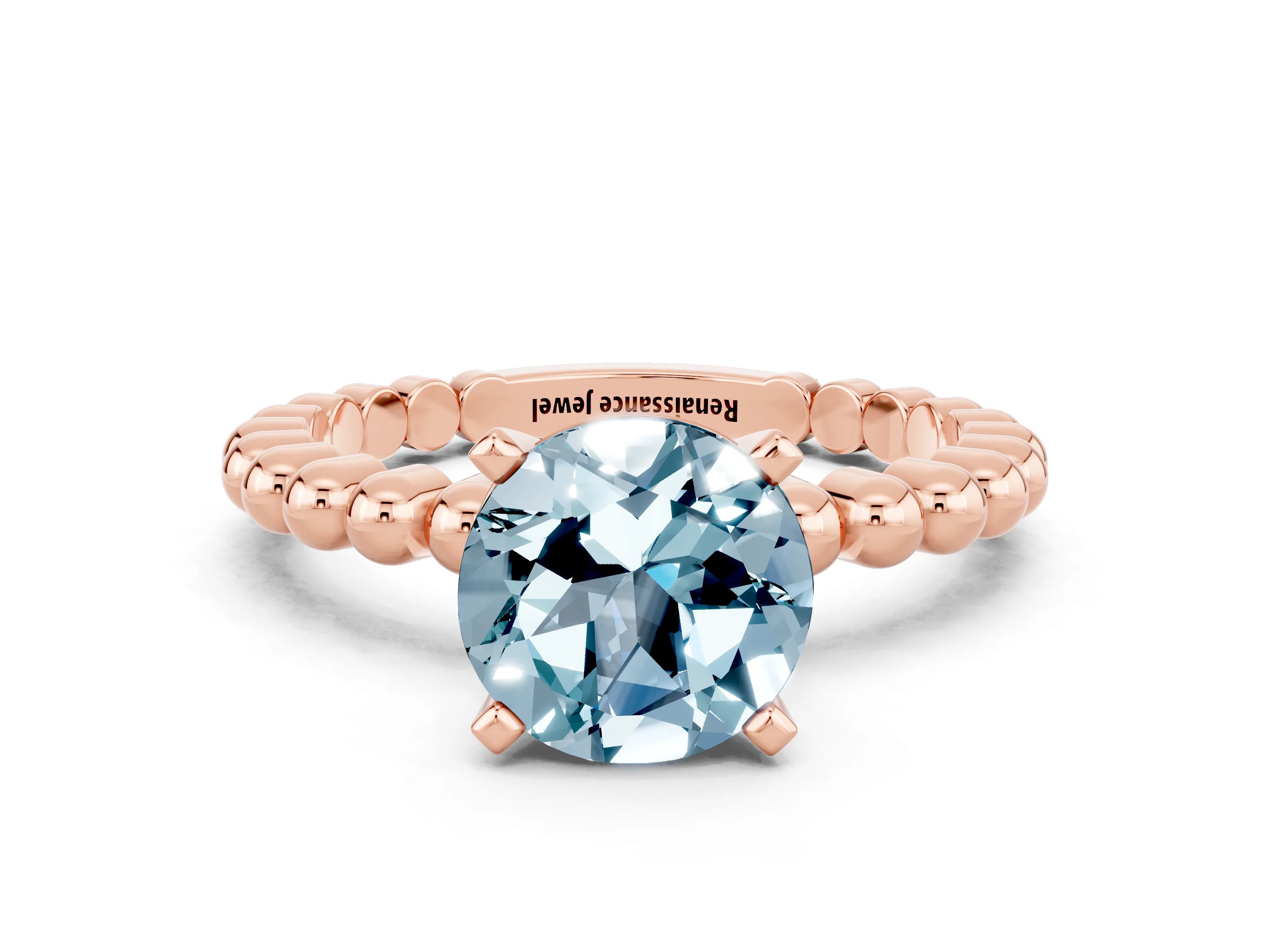 Rose gold Round Cut Aquamarine Solitaire Ring with Beaded Band and Prong Setting