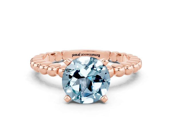Rose gold Round Cut Aquamarine Solitaire Ring with Beaded Band and Prong Setting