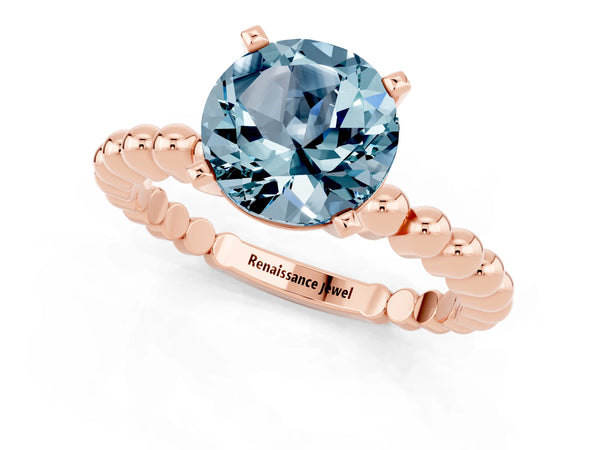 Rose gold Round Cut Aquamarine Solitaire Ring with Beaded Band and Prong Setting