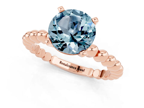 Rose gold Round Cut Aquamarine Solitaire Ring with Beaded Band and Prong Setting_1